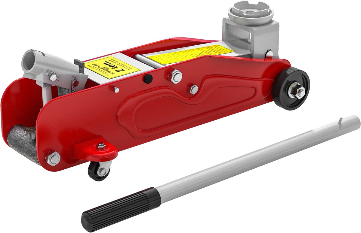 Hydraulische krik met laag profiel van robuust staal, maximale belasting 2000 kg, hefvermogen van 12 tot 30 cm, rood