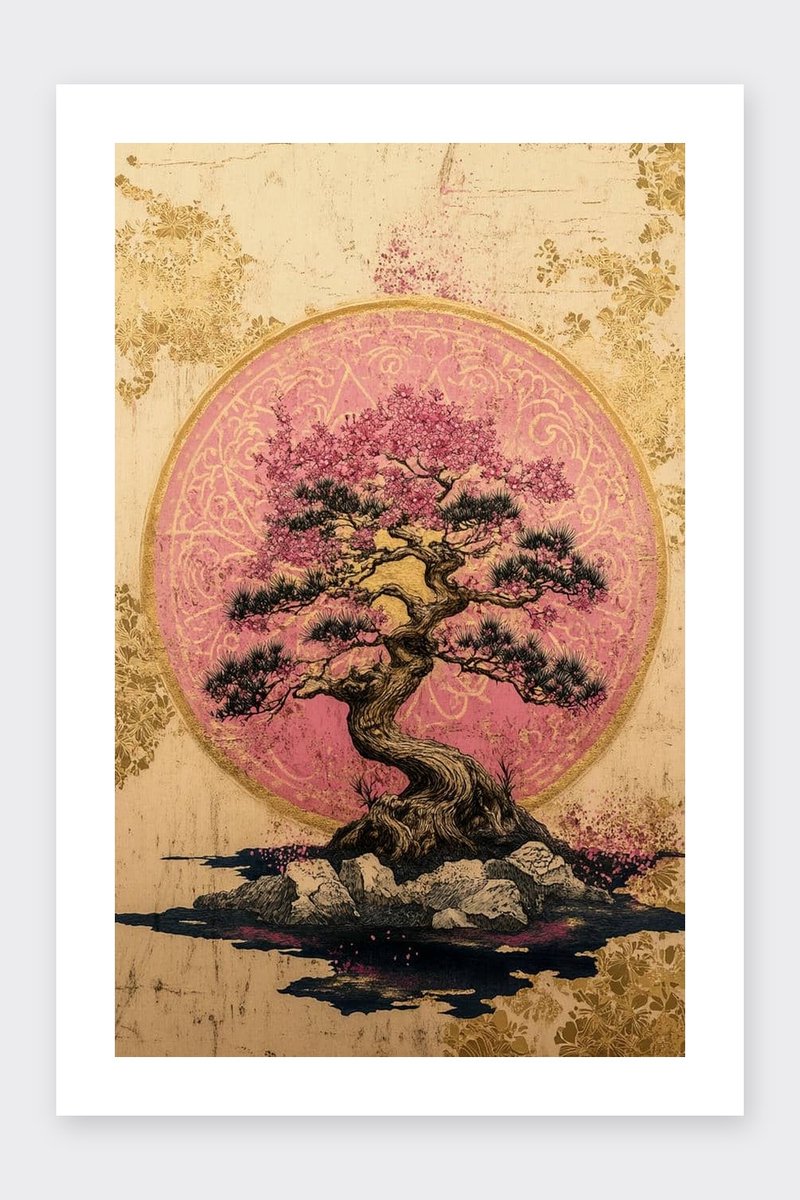Bonsai Poster - Mandala - Japans - Vintage - Planten - Spiritueel - Oosters - posters - formaat 30x40cm - Wanddecoratie - BXS5322CW - Met kader - passe-partouts stijl