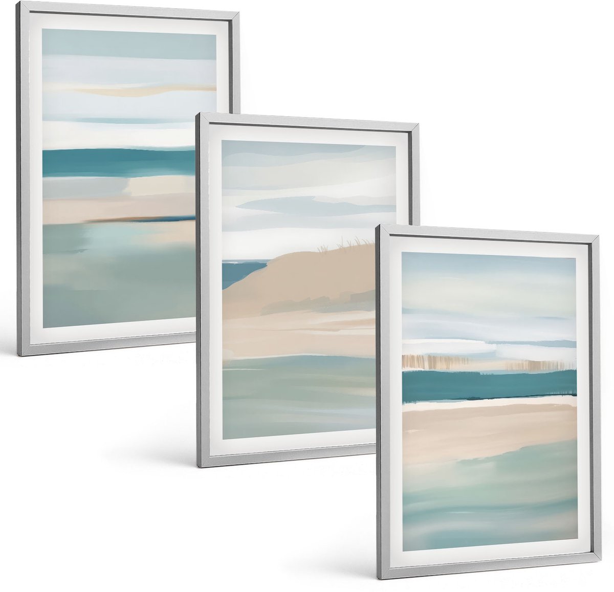 Coloray 3-Delige Schilderij Set - Abstracte Landschappen In Tinten Blauw En Beige. - 40 x 60 cm - Moderne Wanddecoratie - Slaapkamer - Woonkamer Decoratie