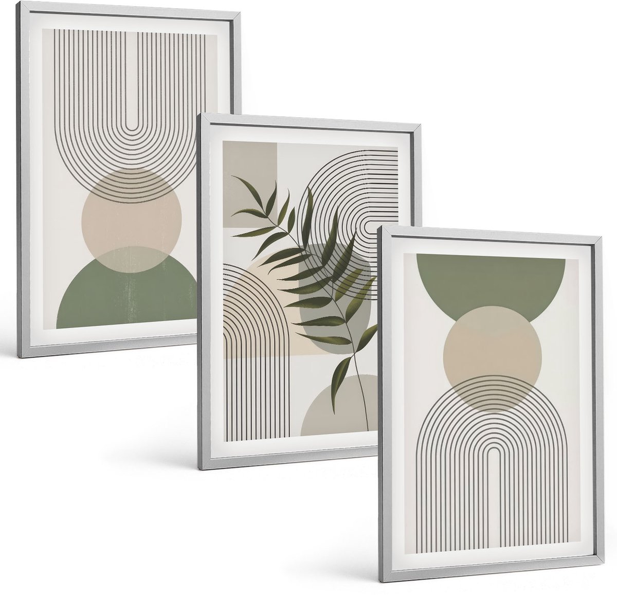 Coloray 3-Delige Schilderij Set - Abstracte Vormen In Tinten Groen En Beige - 40 x 60 cm - Stijlvolle Muurdecoratie - Kantoor