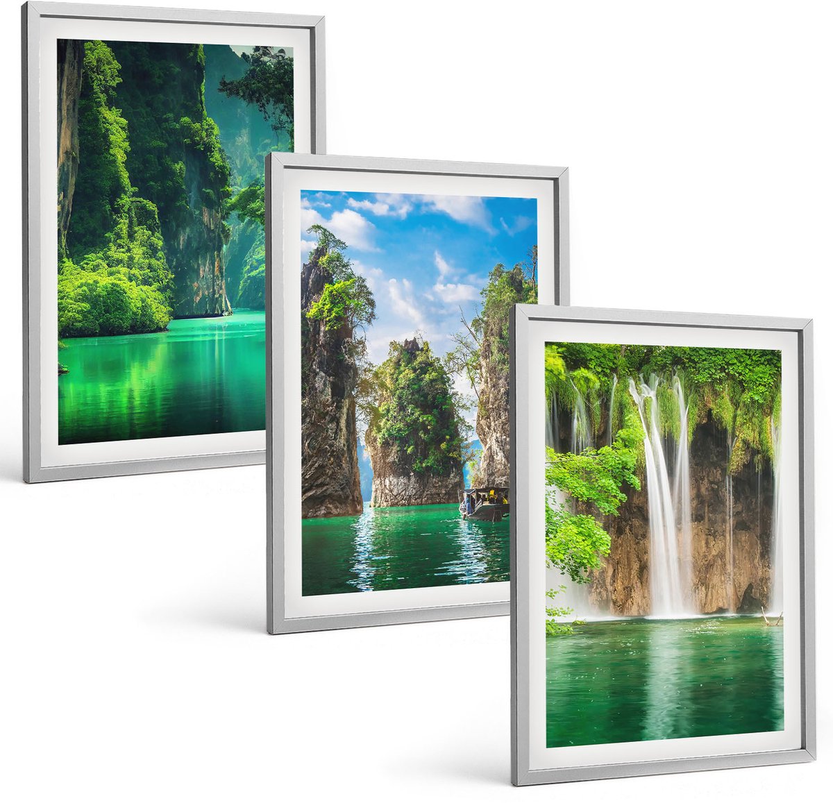 Coloray 3-Delige Schilderij Set - Groene Landschappen Met Watervallen En Rotsen - 40 x 60 cm - Decoratieve Schilderijen - Woonkamer - Interieur - Woonkamer Decoratie
