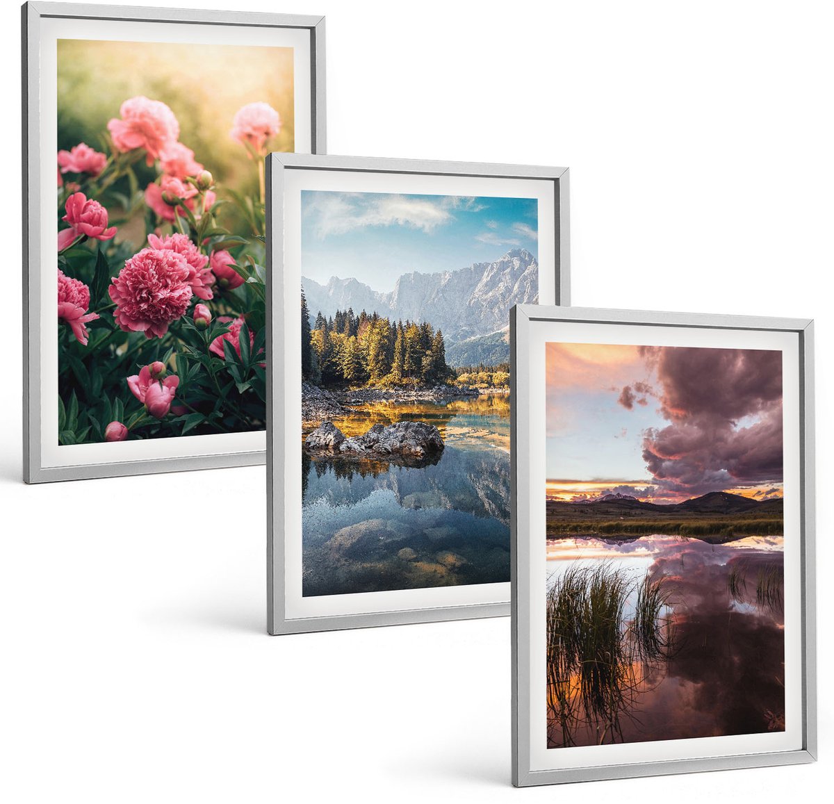 Coloray 3-Delige Schilderij Set - Bloemen In De Tuin, Bergen En Een Kalm Wateroppervlak. - 40 x 60 cm - Wanddecoratie - Muurdecoratie - Woonkamer - Decoratieve Schilderijen