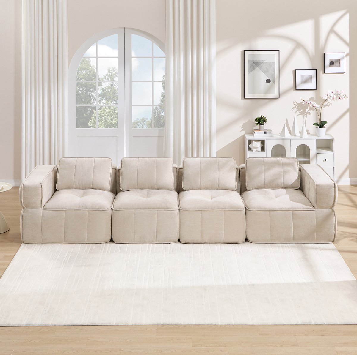 REDOM - Sofa - Modulair 4-zits - Zonder frame - Zonder montage - Ruime zitbank - Polyester - Beige - 344 x 93 x 67 cm