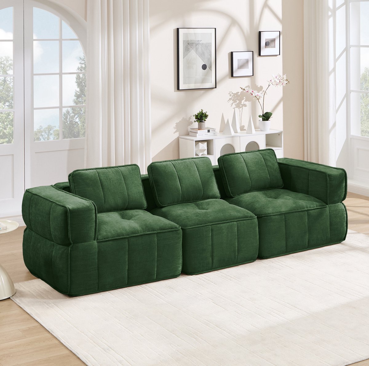 REDOM - Bank - Modulaire 3-zitsbank - 32D hoogdichtheidsschuim - Antislipbasis - Polyester bekleding - Woonkamer - Groen - 271 x 93 x 67 cm