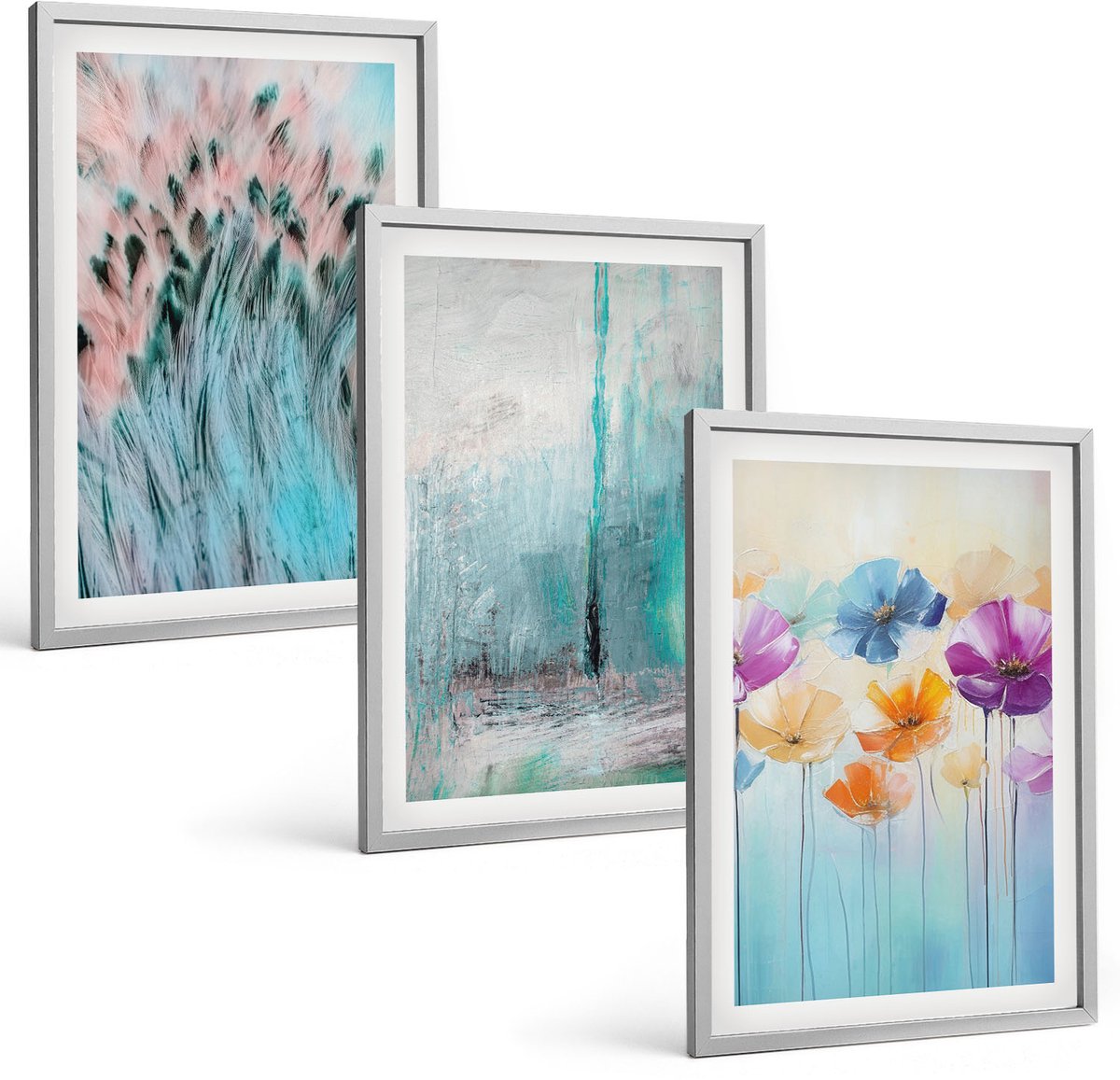 Coloray 3-Delige Schilderij Set - Bloemen Op Een Achtergrond Van Pastelkleuren En Delicate Patronen. - 40 x 60 cm - Decoratieve Schilderijen - Wanddecoratie - Hal - Interieur Decoratie