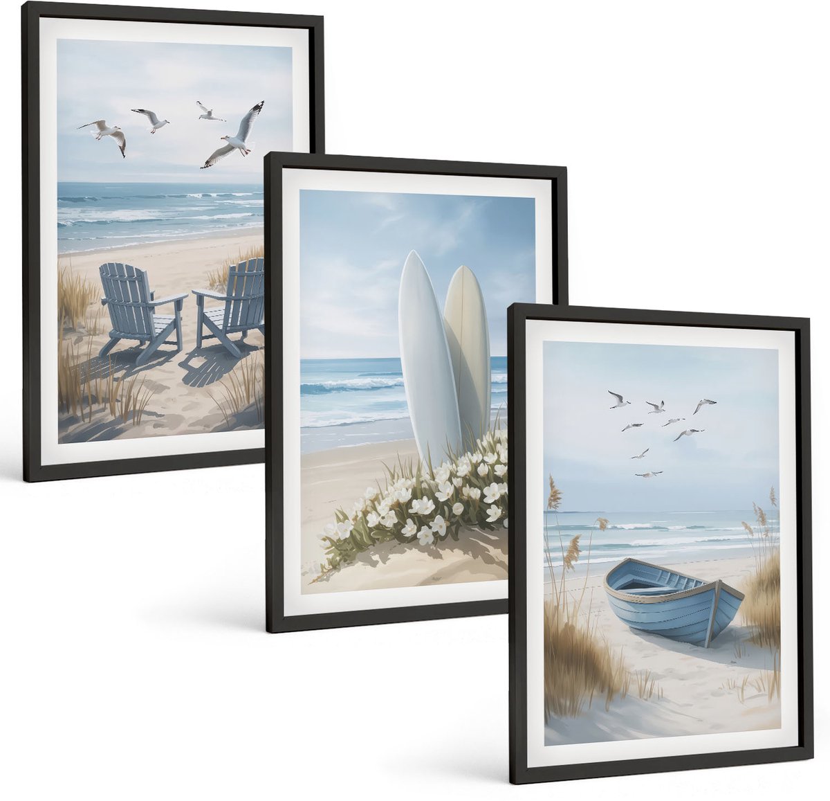 Coloray 3-Delige Schilderij Set - Strand Met Surfplanken, Boten En Vogels - 40 x 60 cm - Muurdecoratie - Wanddecoratie - Slaapkamer - Decoratieve Schilderijen