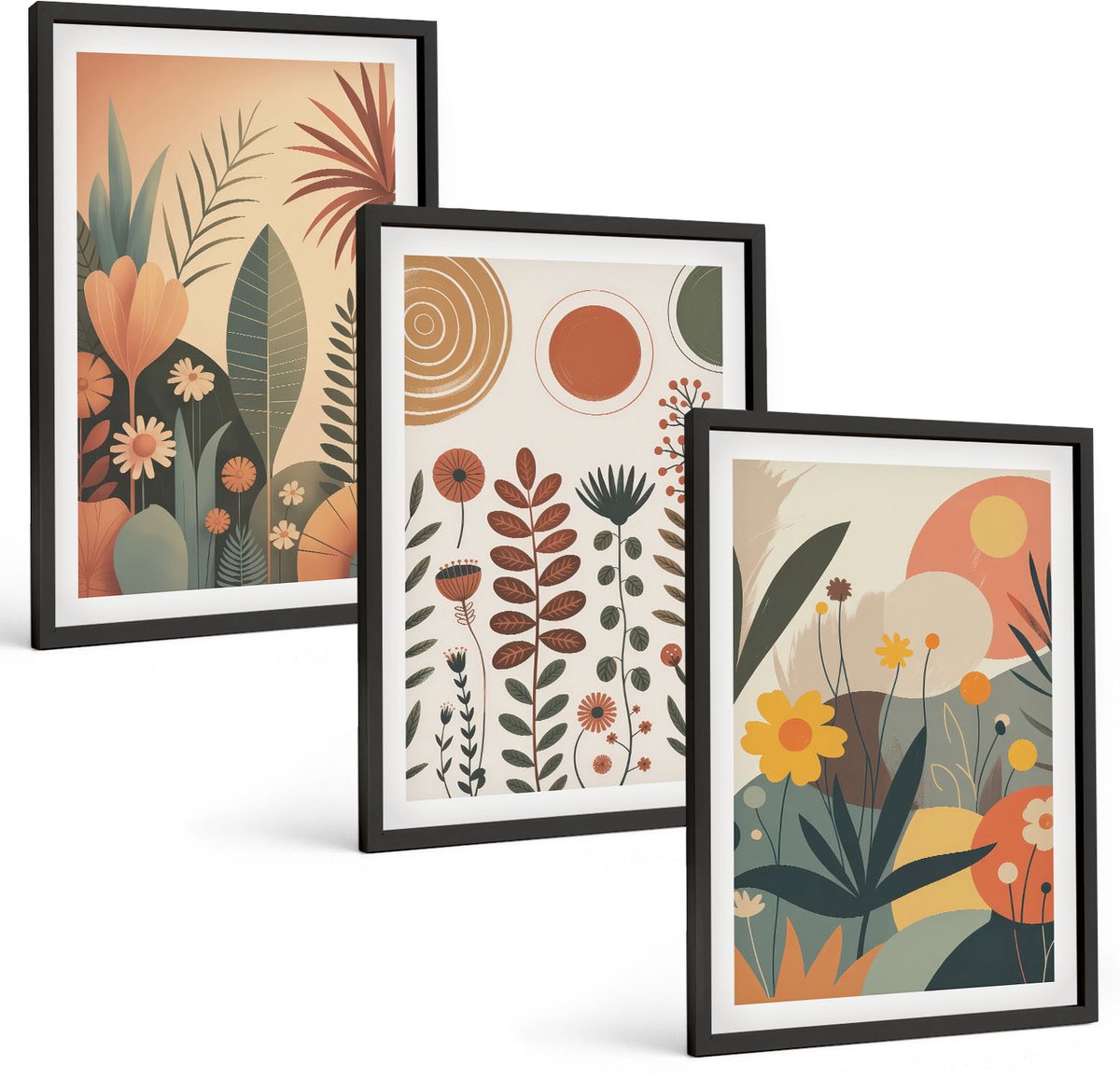 Coloray 3-Delige Schilderij Set - Boho-Plantenpatronen In Warme Tinten Met Natuur. - 40 x 60 cm - Decoratieve Schilderijen - Wanddecoratie - Hal
