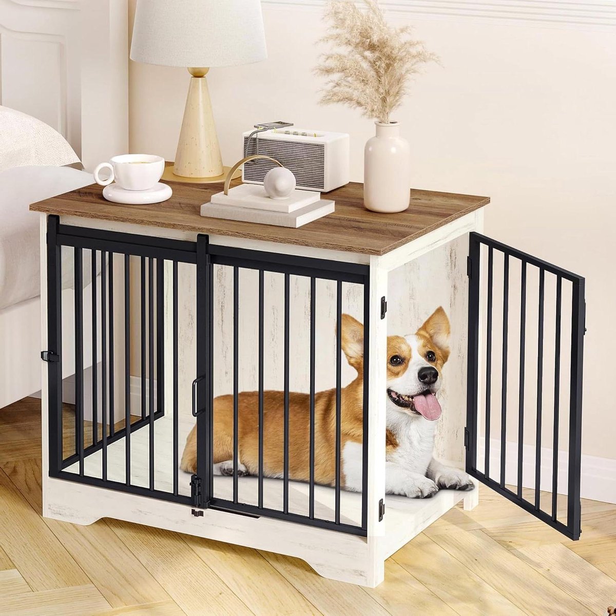 Hondenbench Meubel - Hondenbox bijzettafel - Veilig opbergen - Schuifdeur design - 81x67.5 cm - Wit Bruin