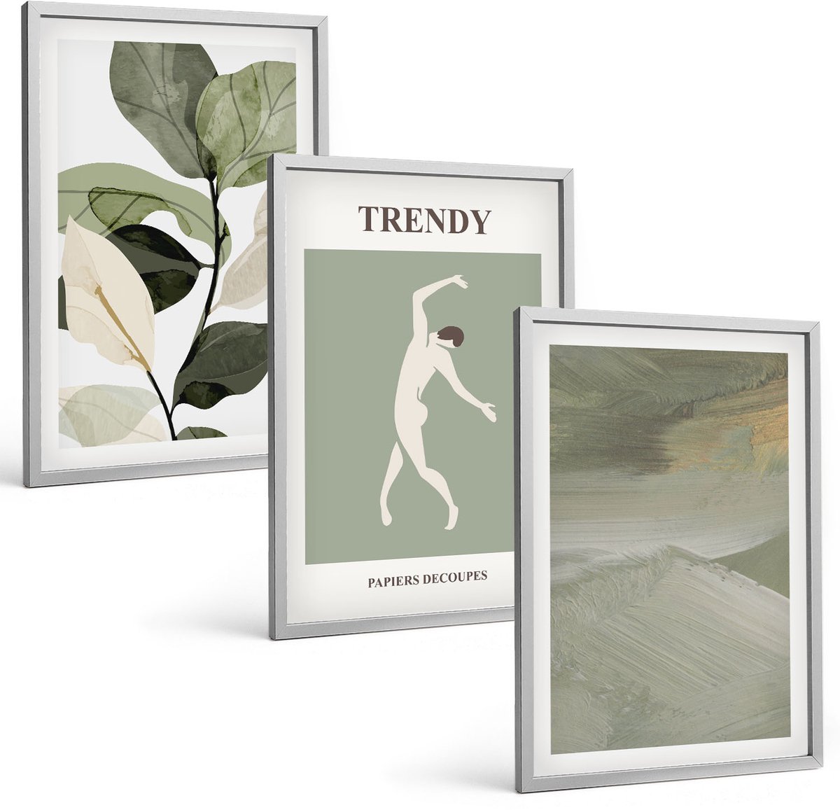 Coloray 3-Delige Schilderij Set - Plantenpatronen Met Silhouetten En Abstracte Vormen - 40 x 60 cm - Muurdecoratie - Interieur Decoratie - Stijlvolle Muurdecoratie
