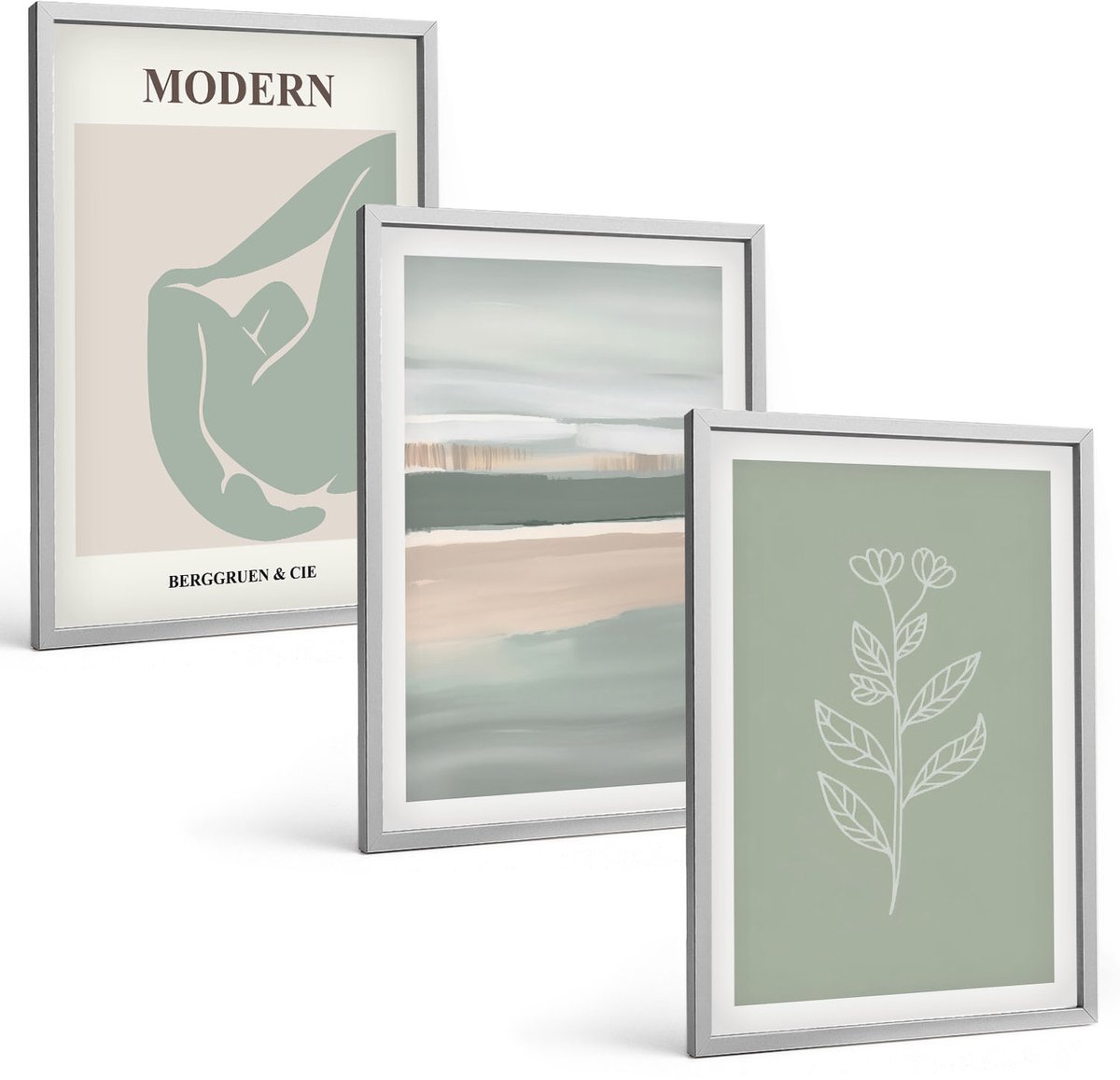 Coloray 3-Delige Schilderij Set - Abstracte Vormen In Pasteltinten Met Planten - 40 x 60 cm - Schilderijen Set - Wanddecoratie - Woonkamer
