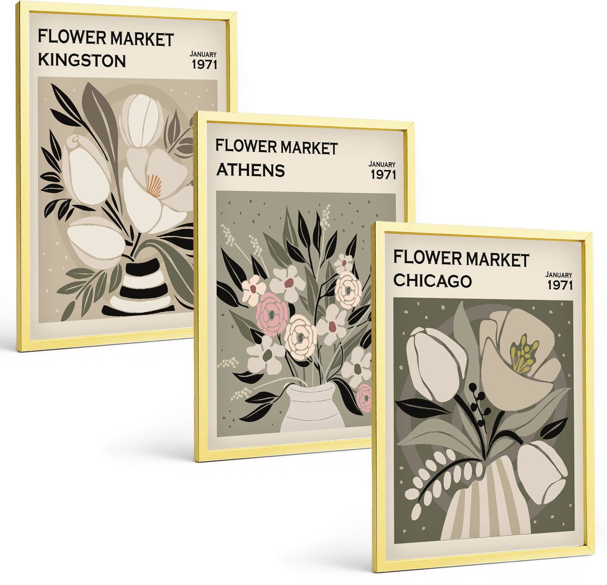 Coloray 3-Delige Schilderij Set - Bloemstukken Uit Verschillende Steden In Retrostijl - 40 x 40 cm En 40 x 60 cm - Decoratieve Muurdecoratie - Slaapkamer - Wanddecoratie