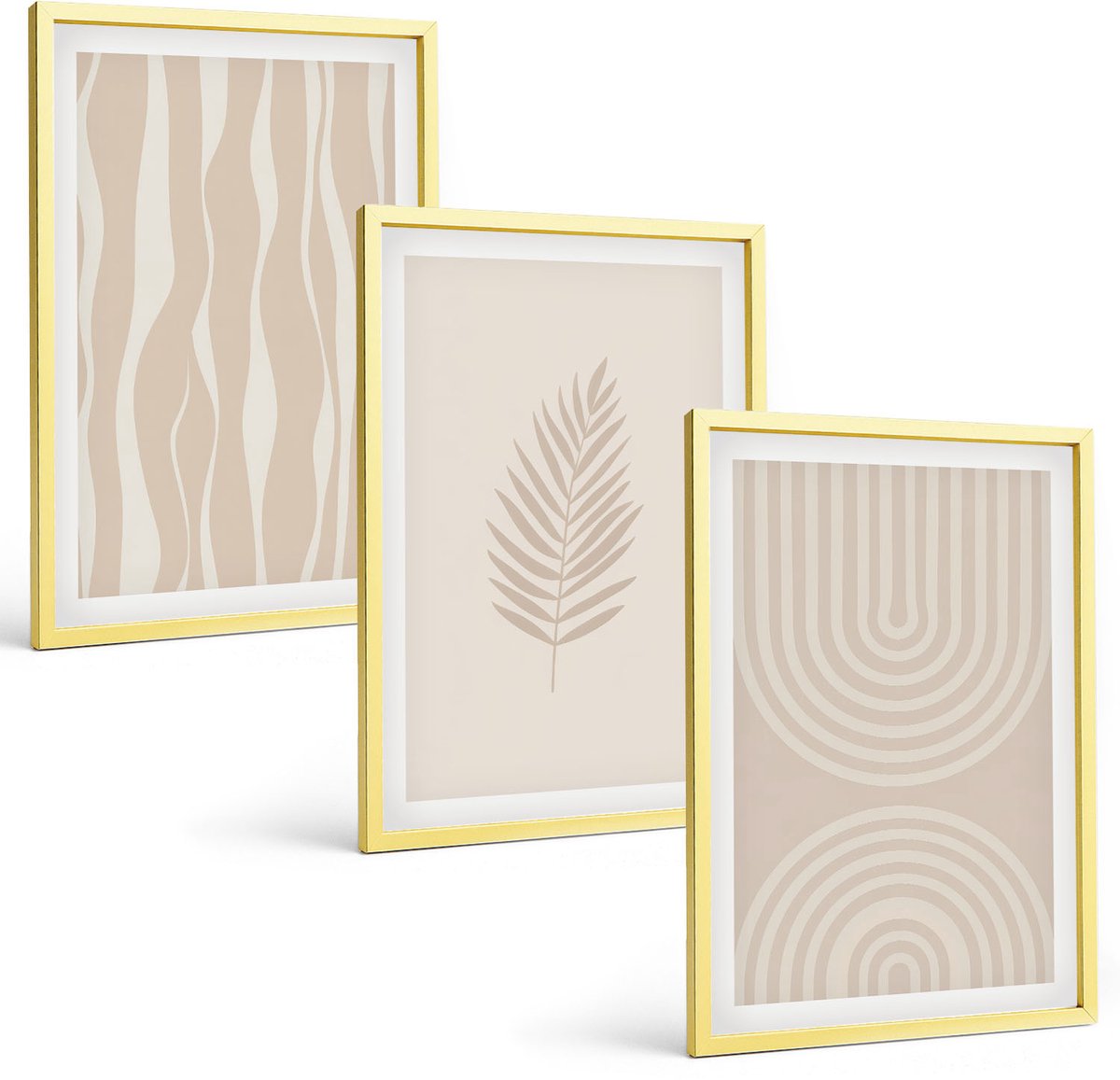 Coloray 3-Delige Schilderij Set - Patronen In Beigetinten Met Plantmotieven - 40 x 40 cm En 40 x 60 cm - Stijlvolle Muurdecoratie - Slaapkamer - Woonkamer Decoratie