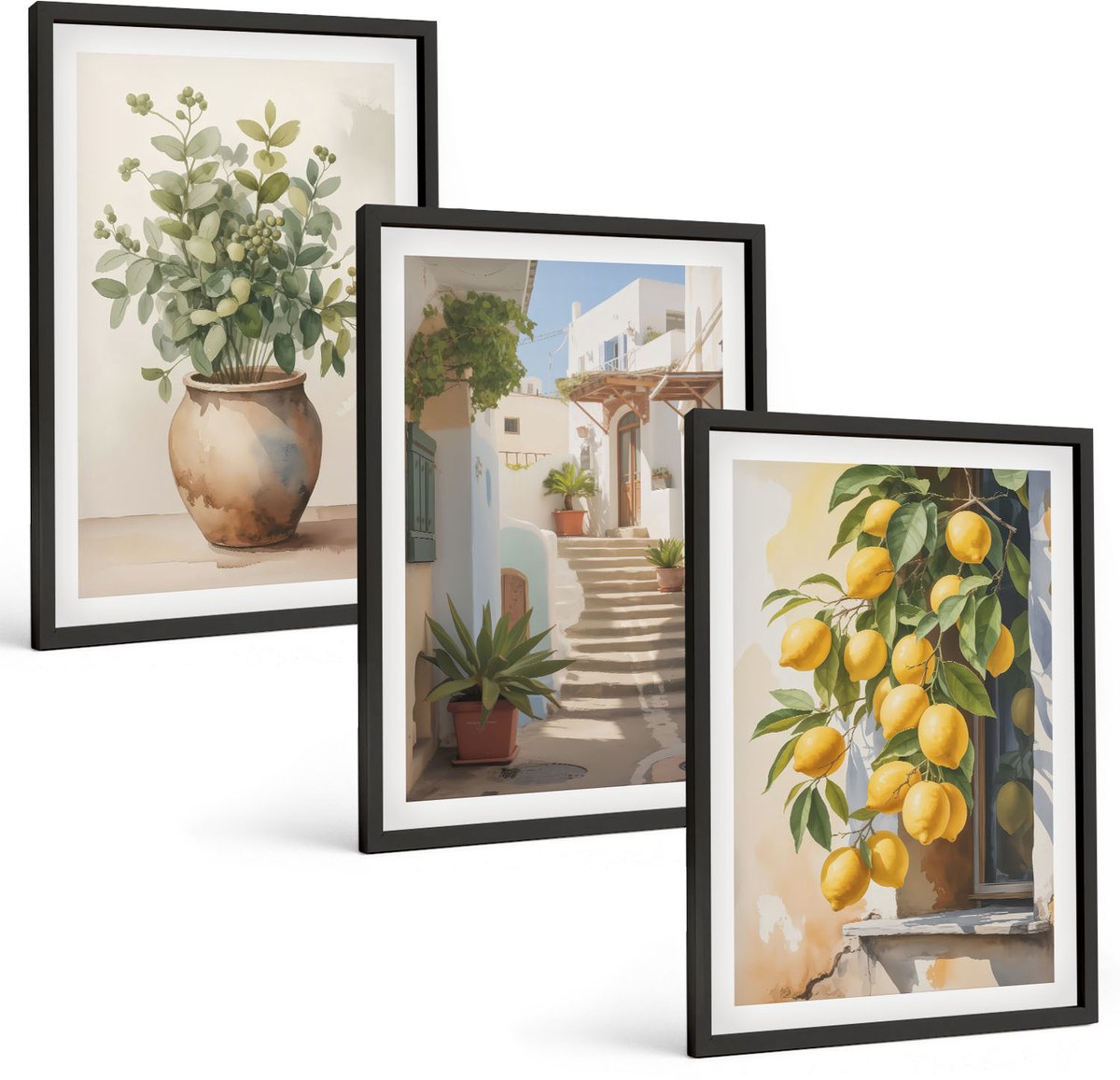 Coloray 3-Delige Schilderij Set - Potplanten En Citroenen Tegen De Achtergrond Van Een Straat. - 40 x 60 cm - Wanddecoratie - Woonkamer Decoratie - Decoratieve Schilderijen
