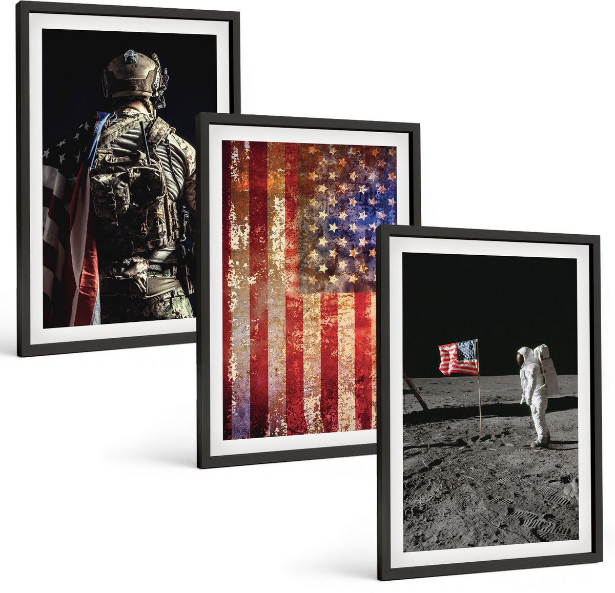 Coloray 3-Delige Schilderij Set - Amerikaanse Nationale Symbolen, Vlag Van De Vs - 40 x 60 cm - Muurdecoratie - Interieur Decoratie