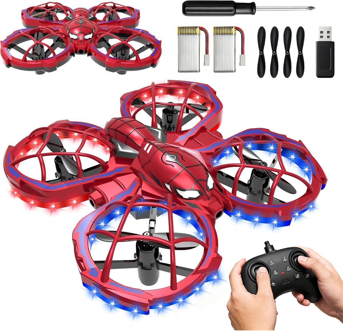 Zwarte Mini RC-Drone voor Kinderen - Spinnenmotief - 3 Snelheden - 360° Flips - Headless-modus & LED - 2,4 GHz - Inclusief 2 Accu's