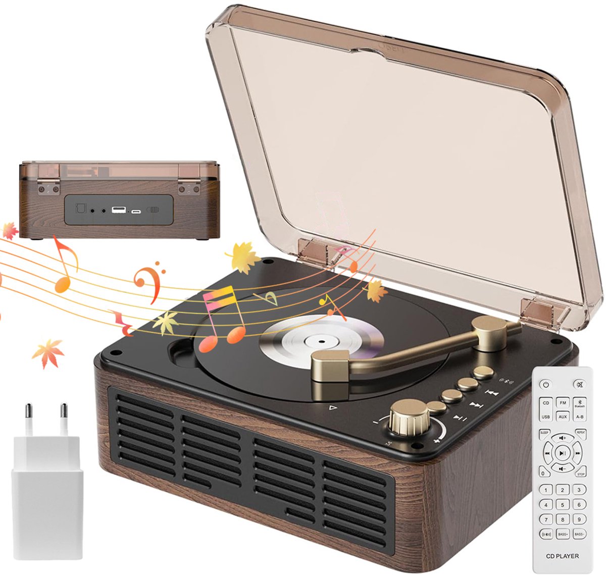 Retro CD-speler met Bluetooth-luidspreker, FM-radio en AUX-ingang, geschikt voor telefoon, laptop, tablet, tv en computer