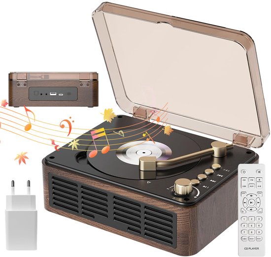 Retro cd-speler met houtlook, met geopende kap, toonarm, bedieningsknoppen, luidsprekers, afstandsbediening, adapter en een cd.