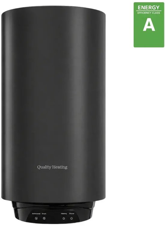 Zwarte, cilindrische elektrische boiler van 'Quality Heating' met energieklasse A label.