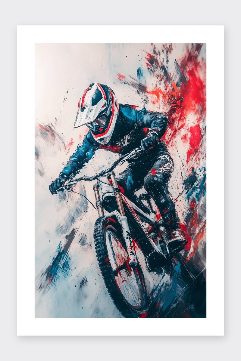 Mountainbike Poster - Race - Aquarel - Sport - Fietsen - Kunst - Actie - posters - formaat 30x40cm - Wanddecoratie - BXS5414KMD - Met kader - passe-partouts stijl