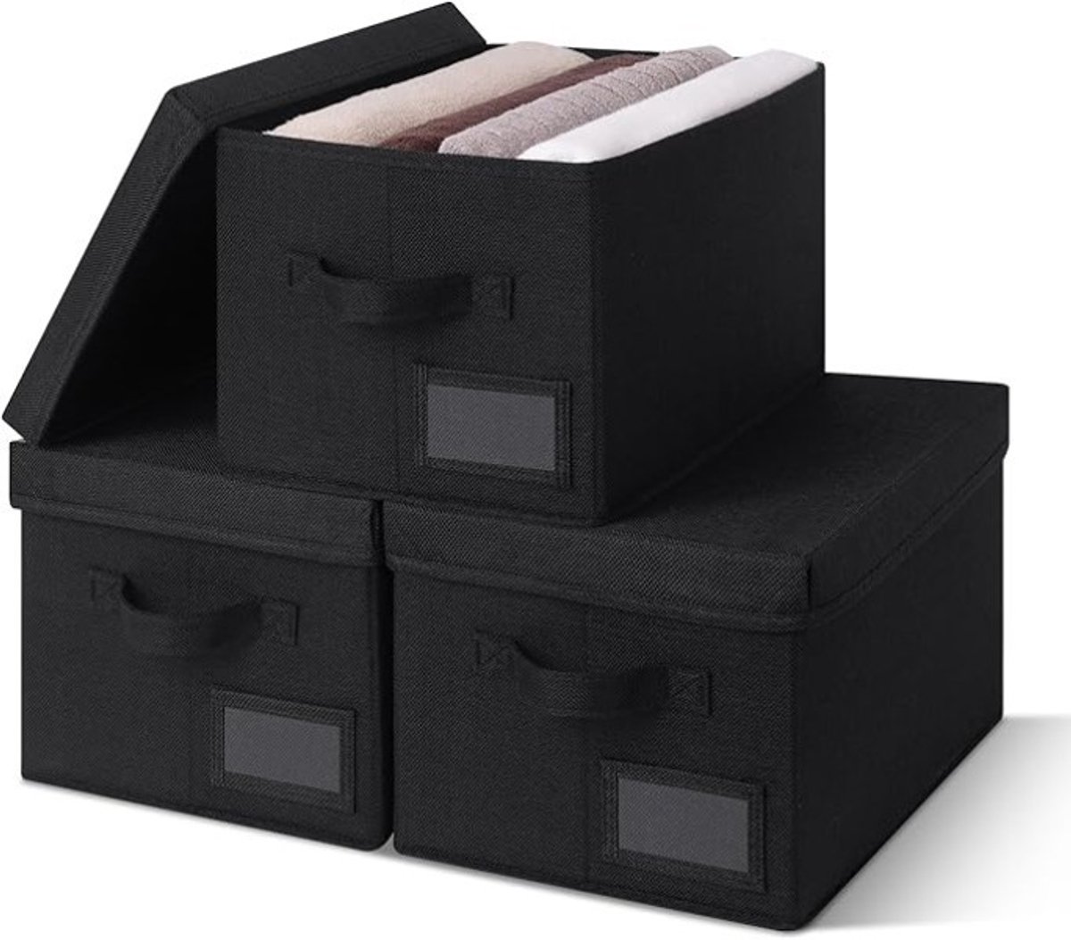 PolkaHome Opbergboxen met deksel, 3 stuks stoffen opbergdozen, opvouwbaar, zwart
