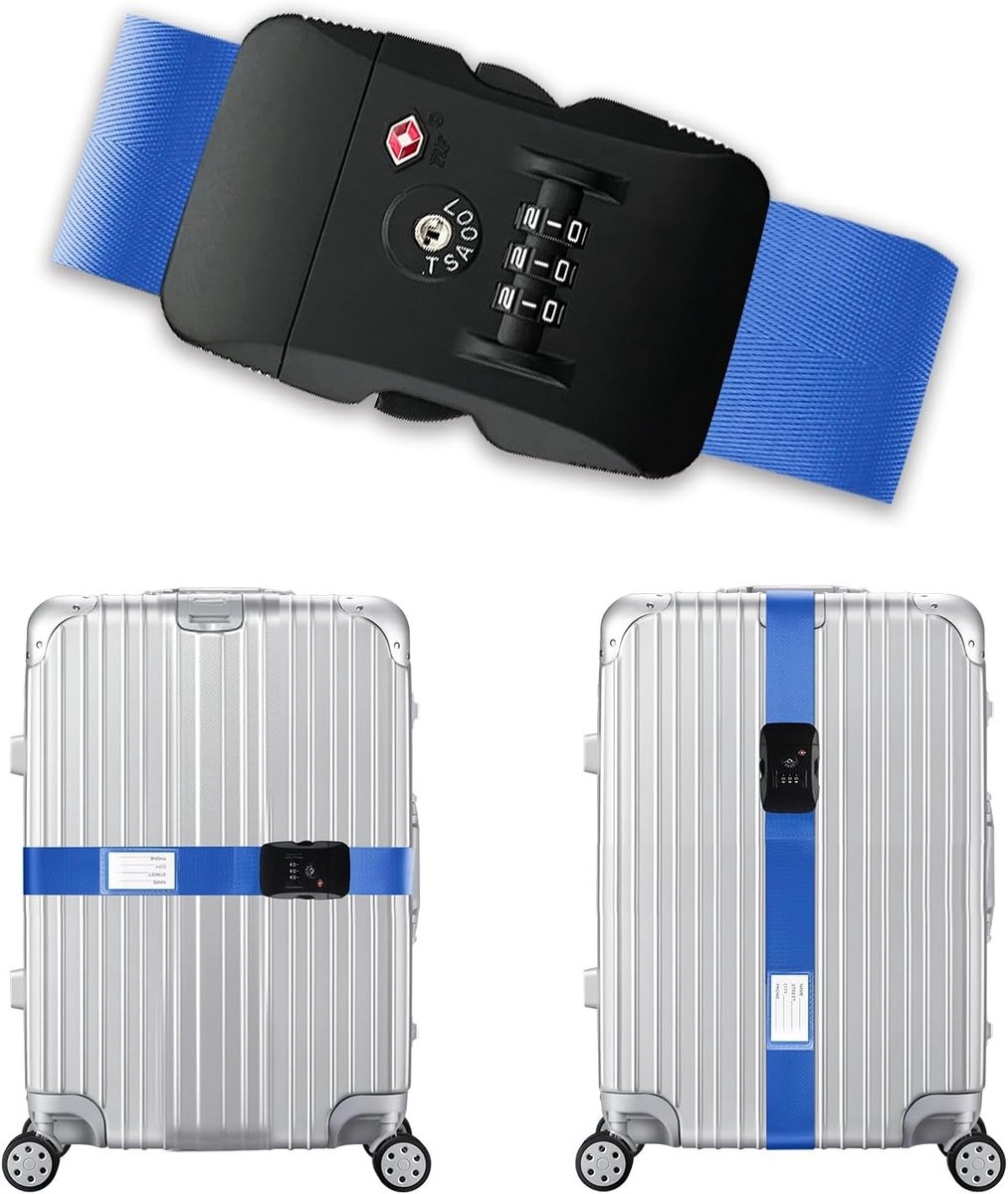 Verstelbare Bagagestraps met TSA Slot en Naamplaat, Gepersonaliseerde Bagagestraps met Cijferslot, Ideaal voor Reisaccessoires en Koffers (Blauw)