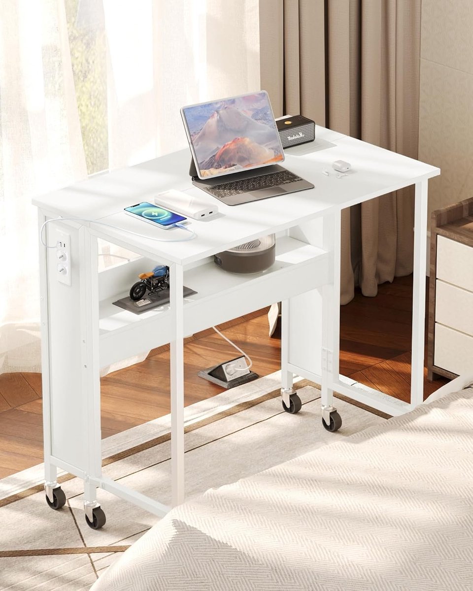 Vouwbare Bureau met Opbergrek, 80 cm Computerbureau met Oplaadstation, Verplaatsbaar Schrijfbureau voor Kleine Ruimtes en Thuiswerk