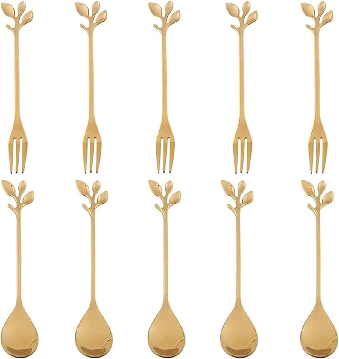 Set van 10 Gouden Bladtheelepels en RVS Dessertlepels voor Koffie, Desserts en Thee