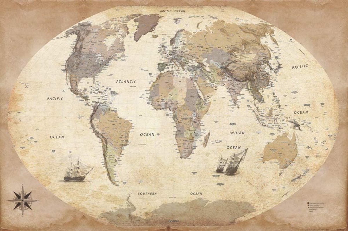 1art1 Kaarten Poster World Map, 2011 Edition, Vintage Style, In English Affisch Print Plakkaat 91x61 cm - ShopVlot