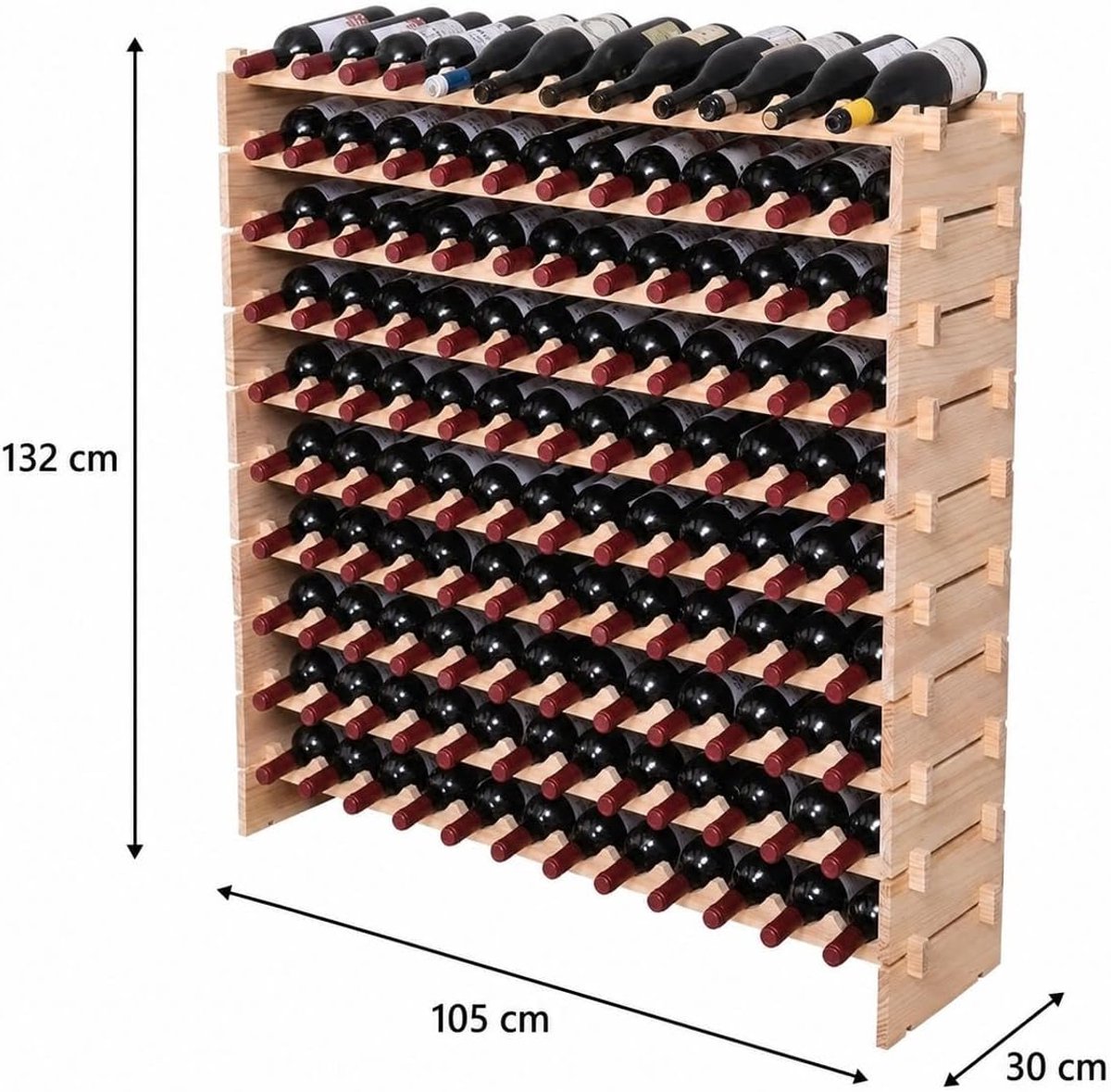 Wijnrek voor 120 flessen - 12 lagen - 105x30x132 cm stapelbaar modulair ontwerp - stevig houten frame - ideaal voor keuken, kelder of bar