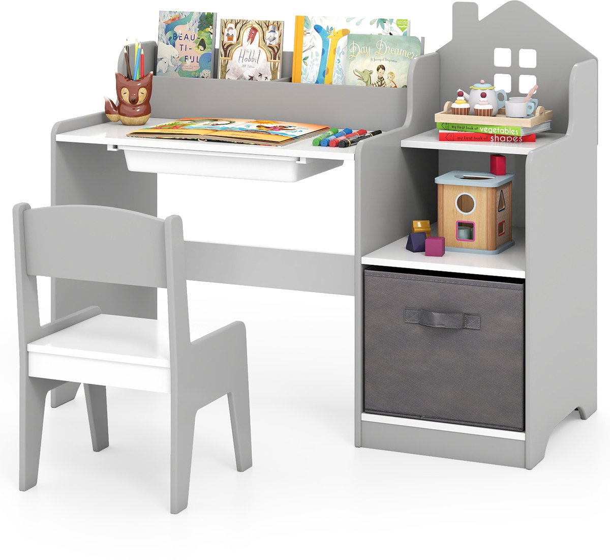 COSTWAY Bureau voor kinderen, kinderbureau met stoel, lade, open planken en stoffen container, houten bureau voor scholieren, jeugdbureau voor kinderen vanaf 3 jaar, belasting 20/50 kg, grijs