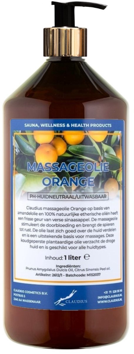 Massageolie Orange 1 liter met gouden pomp - amber fles - 100% natuurlijk - biologisch en koud geperst