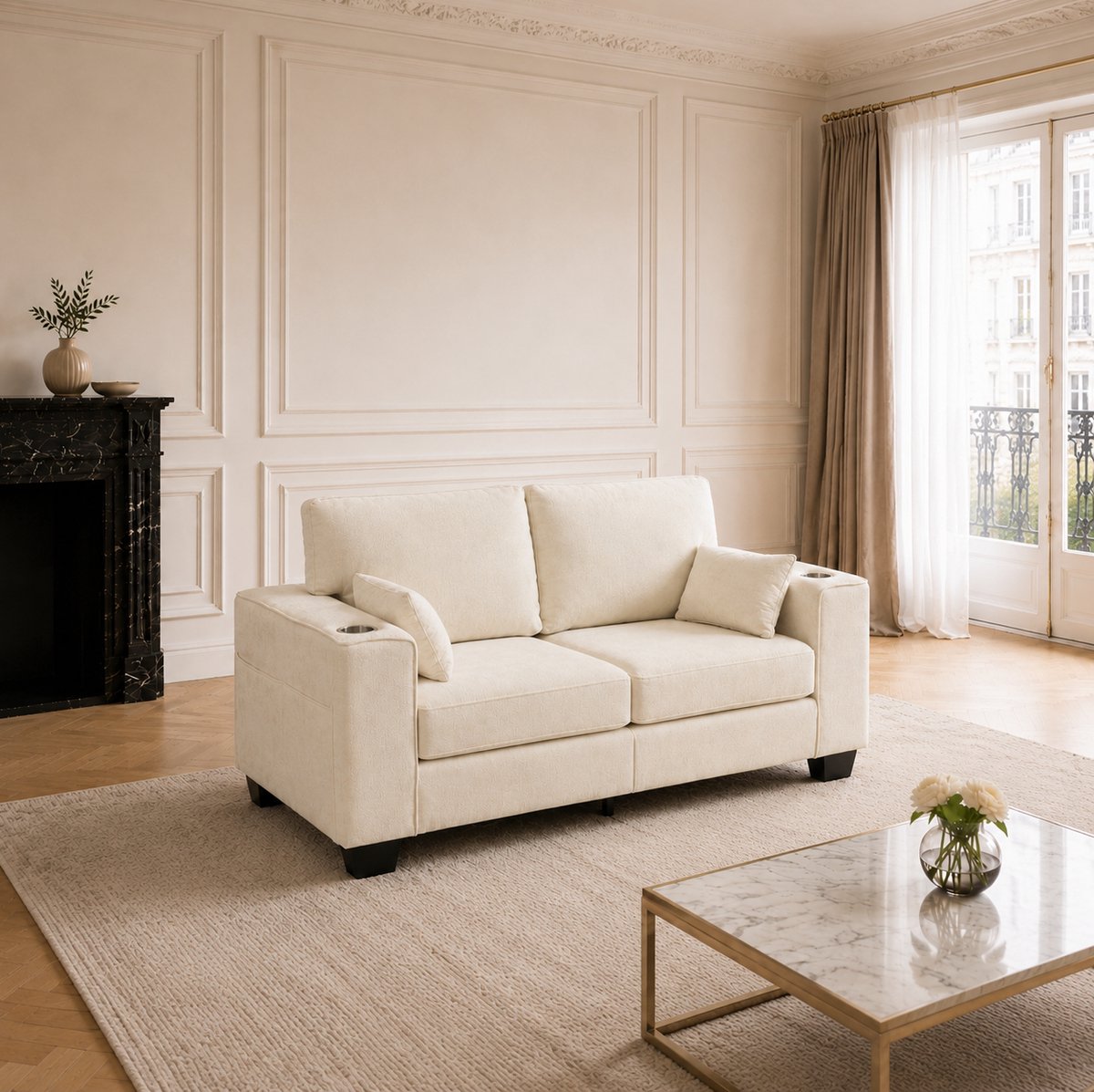 MIVRAY Zitbank 182 Cm - Moderne 2-Zits Met Verenkern En Bekerhouders - Voor Woonkamer, Kantoor En Ontvangstruimte - Chenille Beige