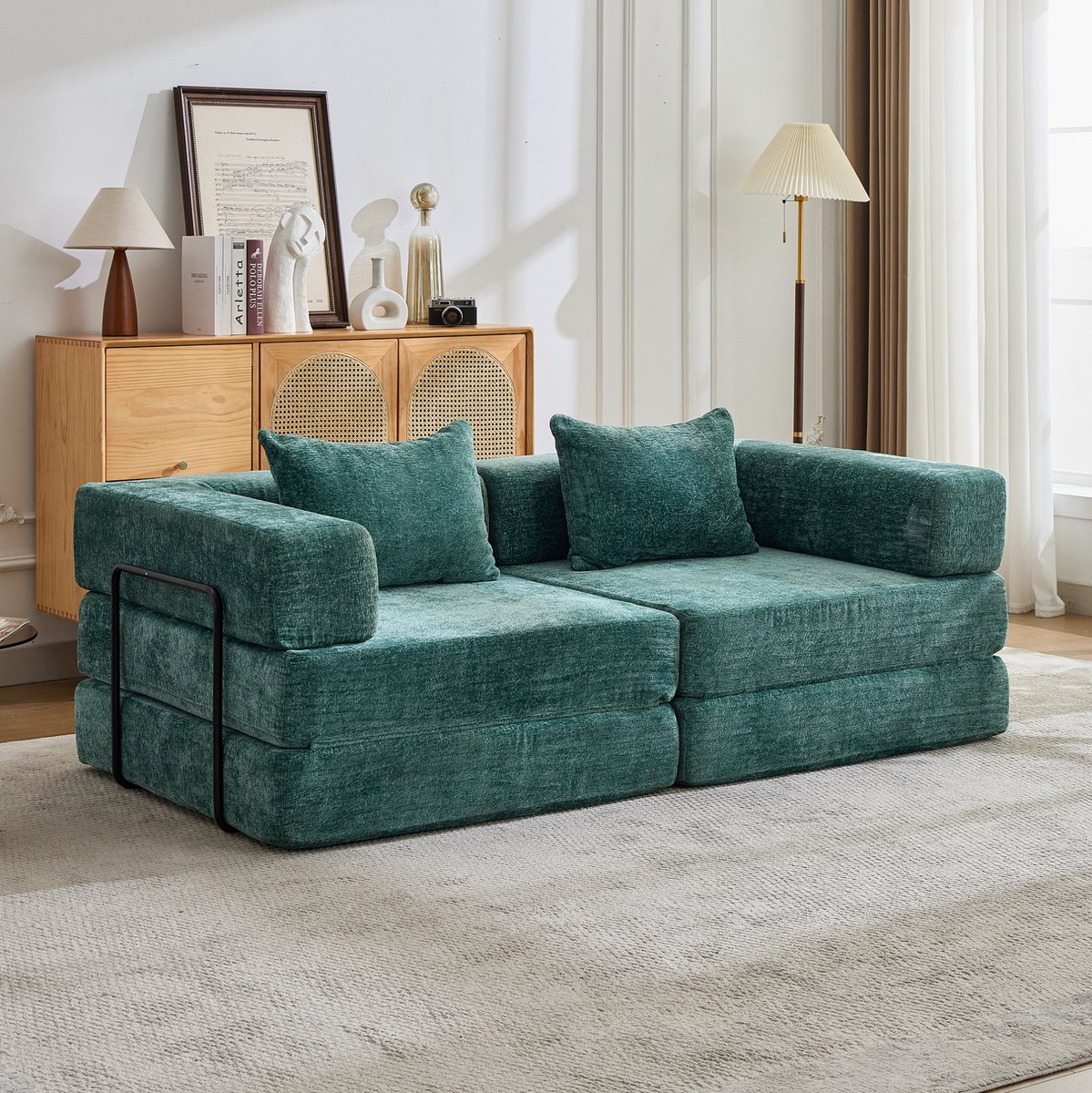 MIVRAY Slaapbank 2-Zits 200 X 100 X 63 Cm - Uitklapbaar En Modulair - Voor Woonkamer En Slaapkamer - Chenille - Donkergroen