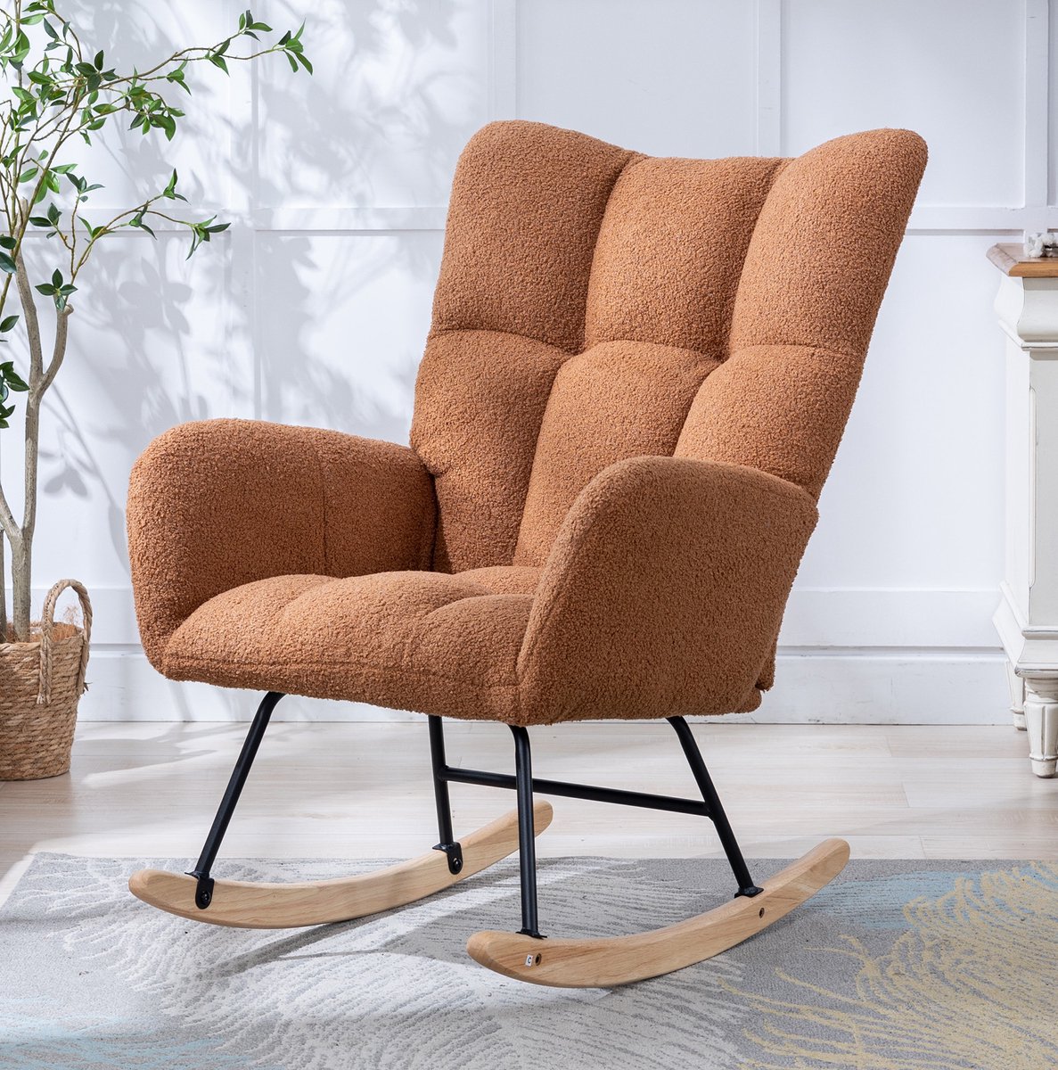 MIVRAY Schommelstoel Fauteuil 64 Cm - Teddy Stof Met Wingback En Armleuningen - Voor Woonkamer Slaapkamer En Kinderkamer - Bruin