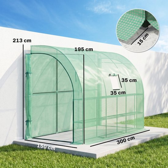 Groene kweektent met afmetingen: 300x150x213cm, venster 35x35cm en rand van 15cm.