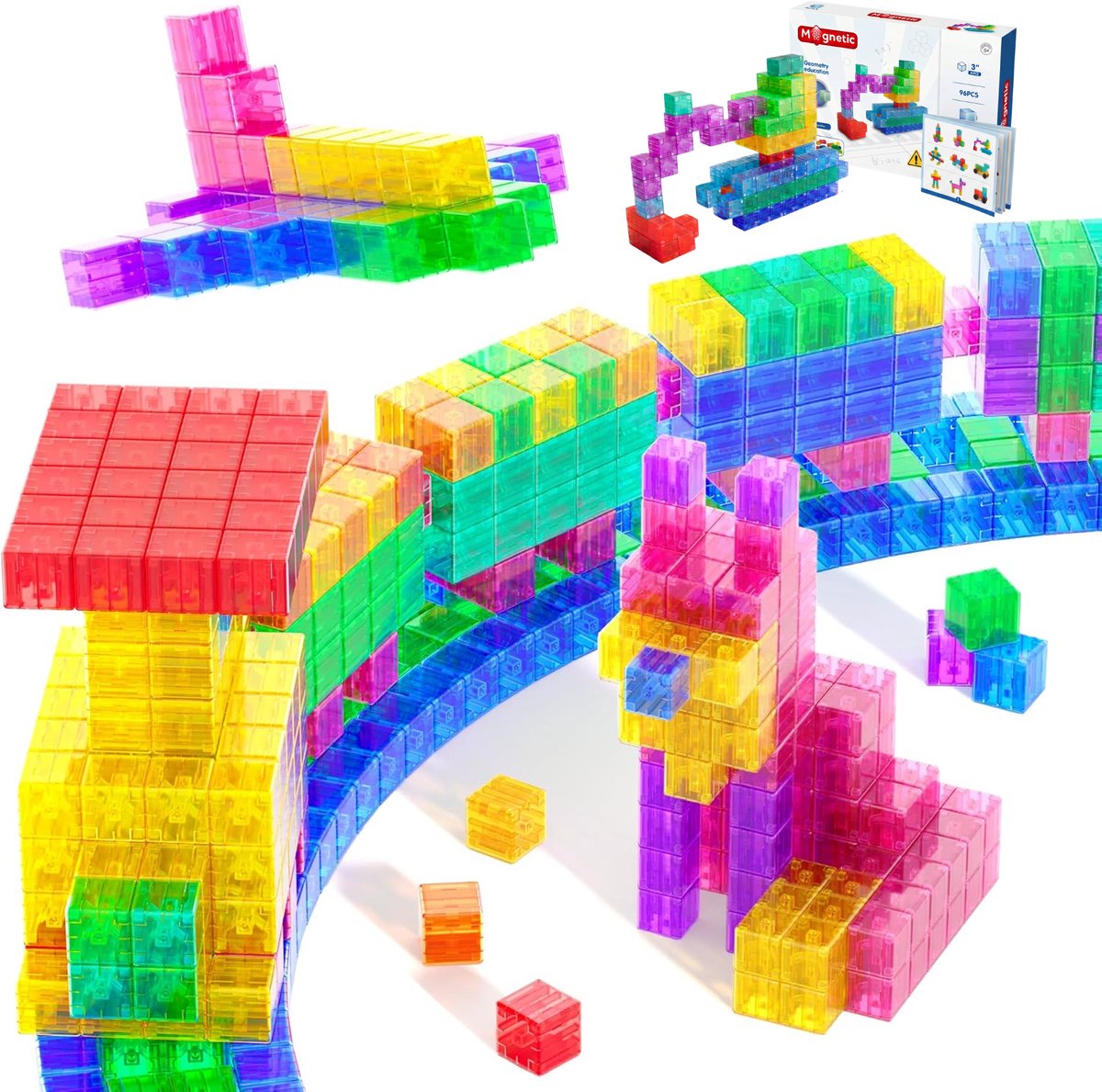 Magnetisch speelgoed – magnetisch bouwspeelgoed 96 stuks – magnetische bouwstenen - transparant - magnetische blokken – montessori speelgoed – magneten speelgoed