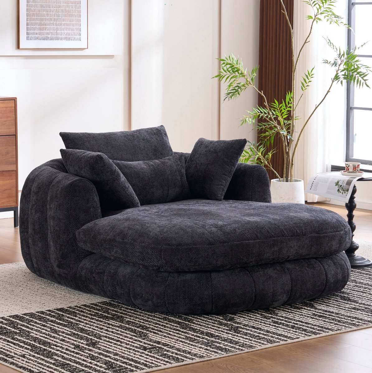 MIVRAY Chaise Longue 184,5 Cm - Diepe Zit Met Kussens En Zonder Montage - Voor Woonkamer, Slaapkamer En Leeshoek - Chenille - Zwart