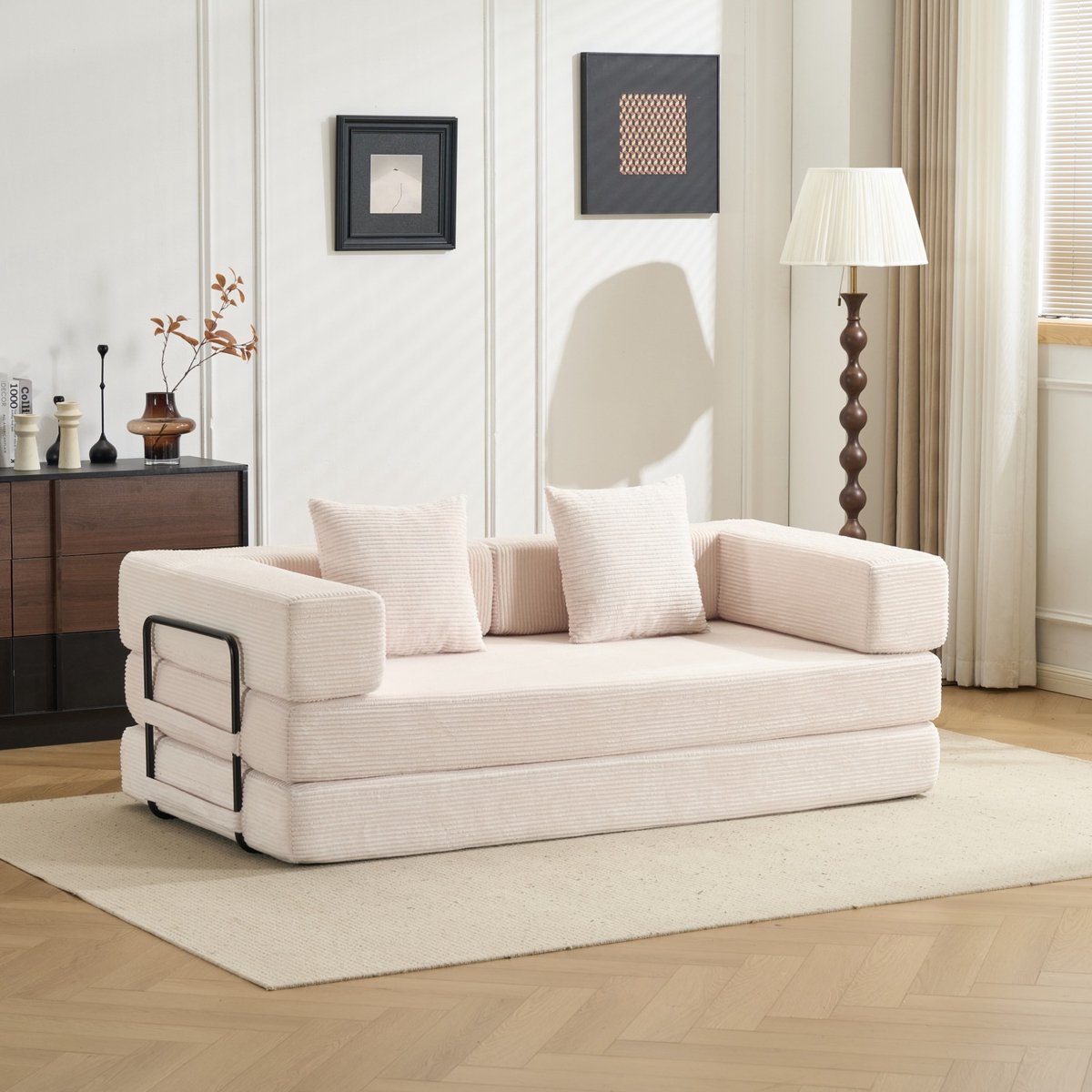 MIVRAY Slaapbank 2-Zits 185 x 92,5 x 60 cm - Opvouwbaar En Omvormbaar - Voor Woonkamer, Slaapkamer En Logeerkamer - Ribfluweel - Wit