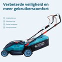 Grastrimmer met indicaties voor veiligheidsknop, kabelspanning, zachte handgreep en transporthandgreep. Teal en zwart.