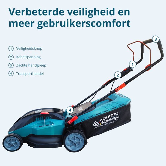 Grastrimmer met indicaties voor veiligheidsknop, kabelspanning, zachte handgreep en transporthandgreep. Teal en zwart.