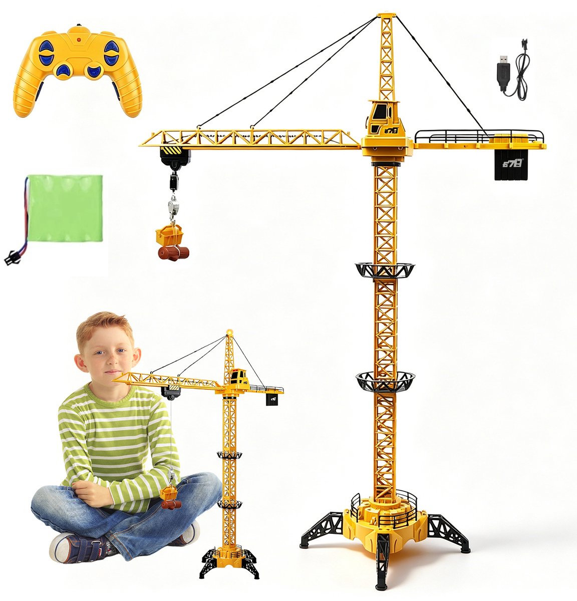 Gele Afstandsbediende Torenkraan voor Kinderen - 6-Kanaals 2,4 GHz - 3 Hoogtes tot 128 cm - 680° Draaibaar - 150 g Hijsvermogen - Met Lichteffect