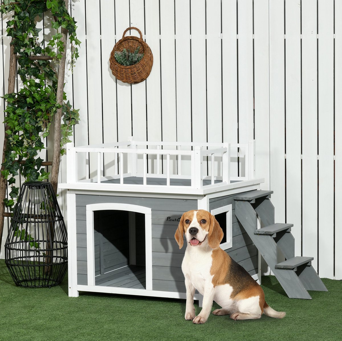 MODFU-Hondenhuis-Hout-Balkon-Trap-Verhoogd-Buiten-Grijs