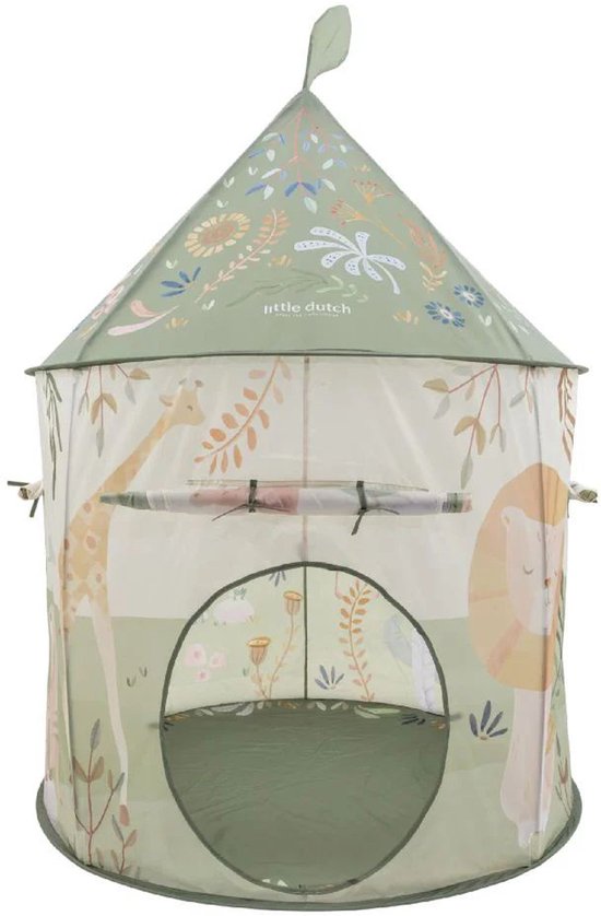 Een openstaande speelhuisjestent met safariprint. De tent heeft afbeeldingen van giraffen en leeuwen.