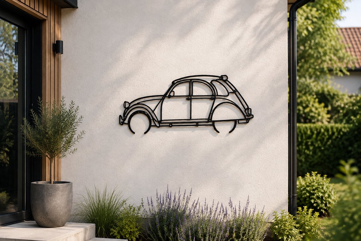 De2pktjes - Citroën 2CV Metalen Wanddecoratie – Silhouette Wall Art – Zwart Staal – Voor Binnen & Buiten - 80 cm