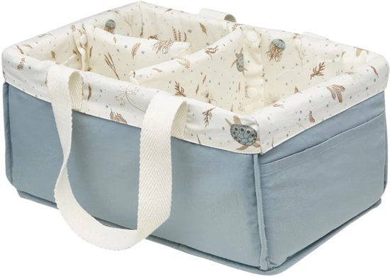 Blauw commandomandje met beige handvatten en een katoenen voering met een Sea Garden print van schildpadden, kwallen en zeewier.