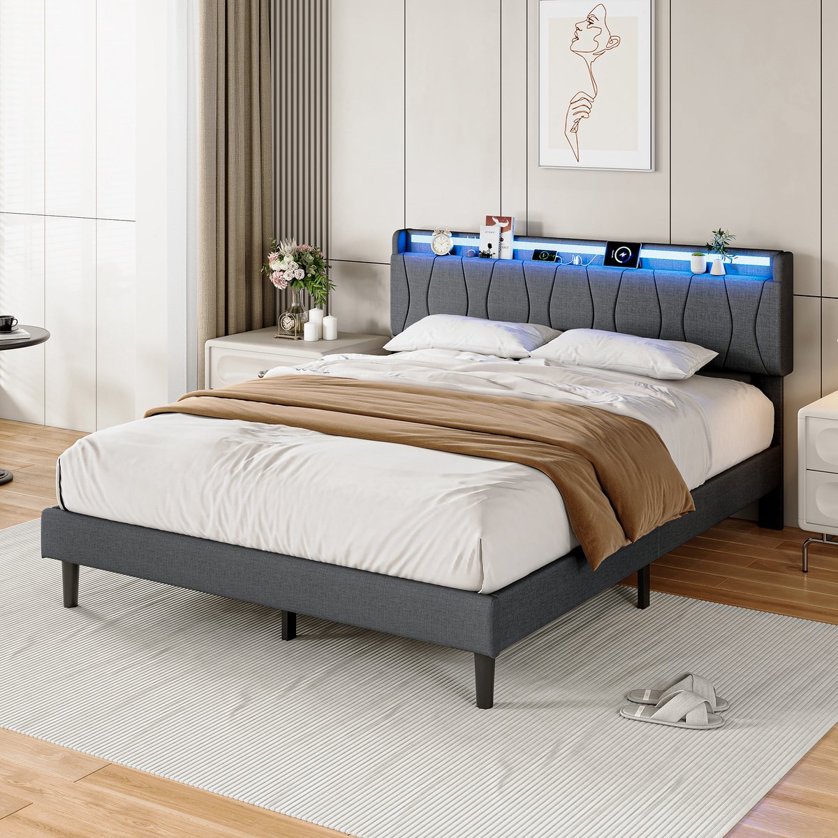 Tweepersoonsbed 140x200 cm grijs linnen met RGB-LED, USB-C en USB-A-poorten, lattenbodem inbegrepen