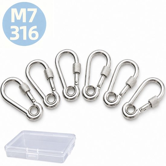 Zes zilverkleurige M7 316 RVS karabijnhaken met schroefsluiting, naast een transparant plastic doosje.