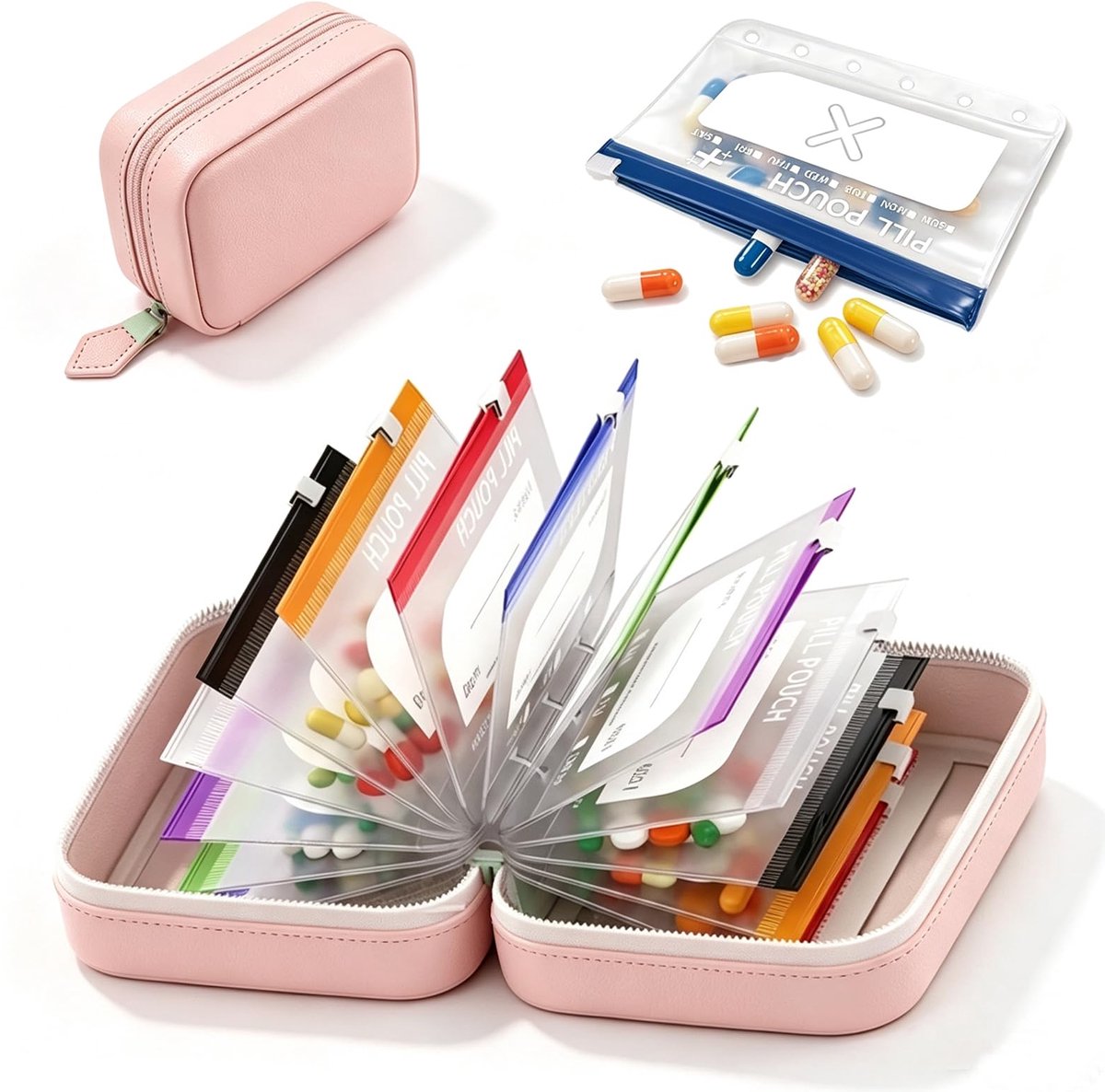 Casalora® Medicijn Organizer voor Reizen – Waterdichte Opbergtas met 14 Kleurgecodeerde Ritszakjes – Voedselveilige Opbergzakken – Compacte Reisopberger – Roze