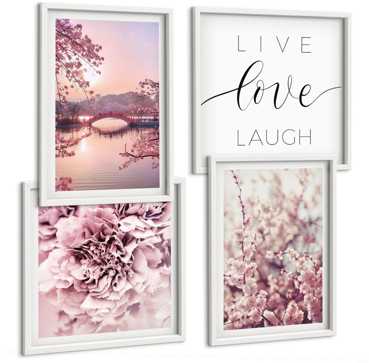 Coloray 4-Delige Schilderij Set - Bloemmotieven Met Een Levensbrug-Inscriptie - 40 x 40 En 40 x 60 - Wanddecoratie - Moderne Interieurdecoratie - Muurdecoratie Witte lijst
