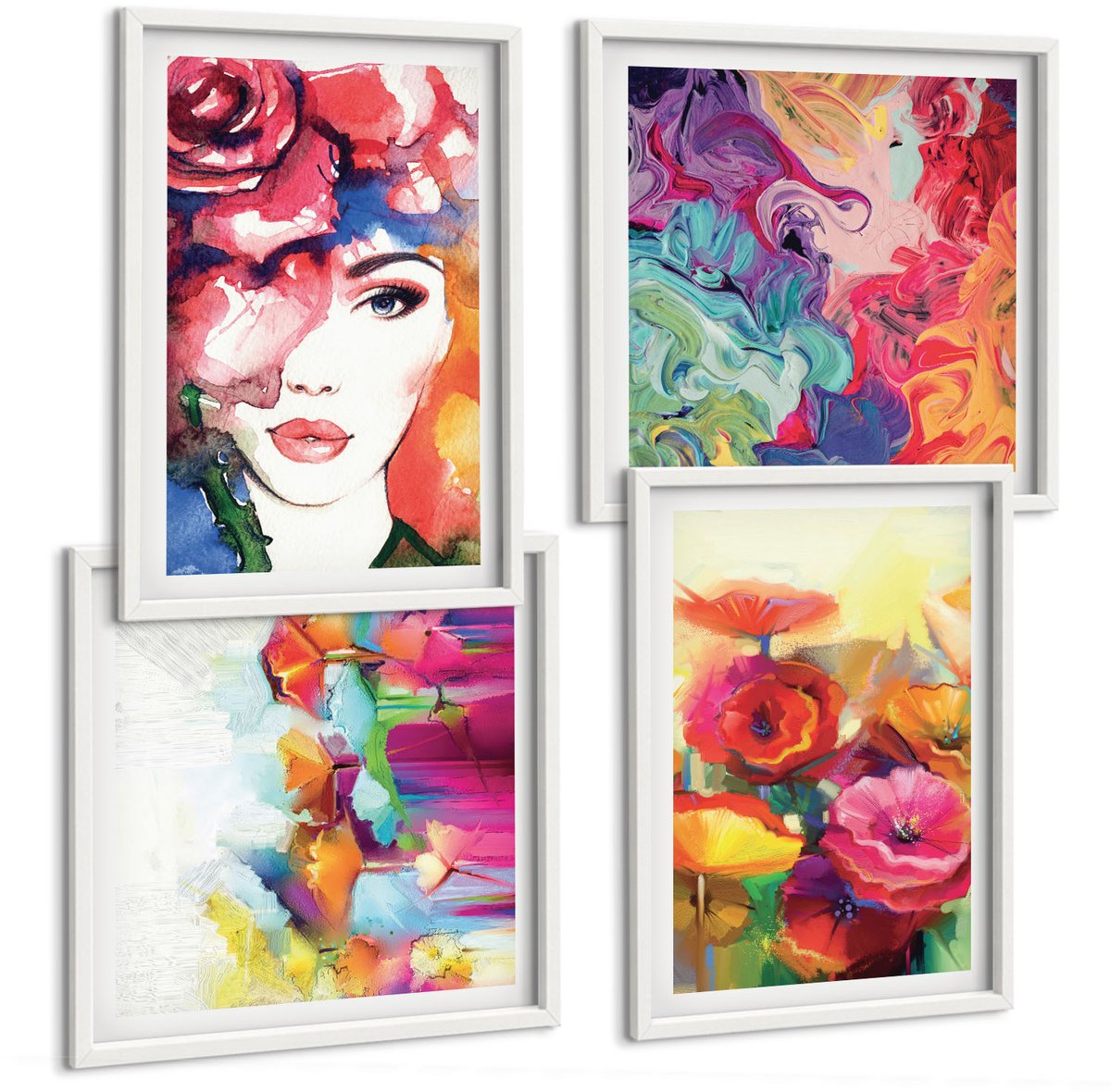 Coloray 4-Delige Schilderij Set - Bloemen In Intense Kleuren Portret Van Een Vrouw Abstract - 40 x 40 En 40 x 60 - Moderne Wanddecoratie - Slaapkamer